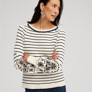 NWT Chico’s Embroidered Stripe Pullover Sweater.